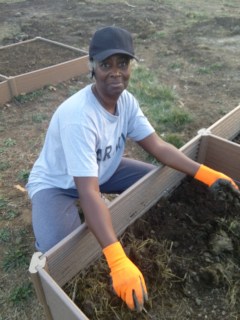 a gardener prepares a new raised bed at Friendship Garden