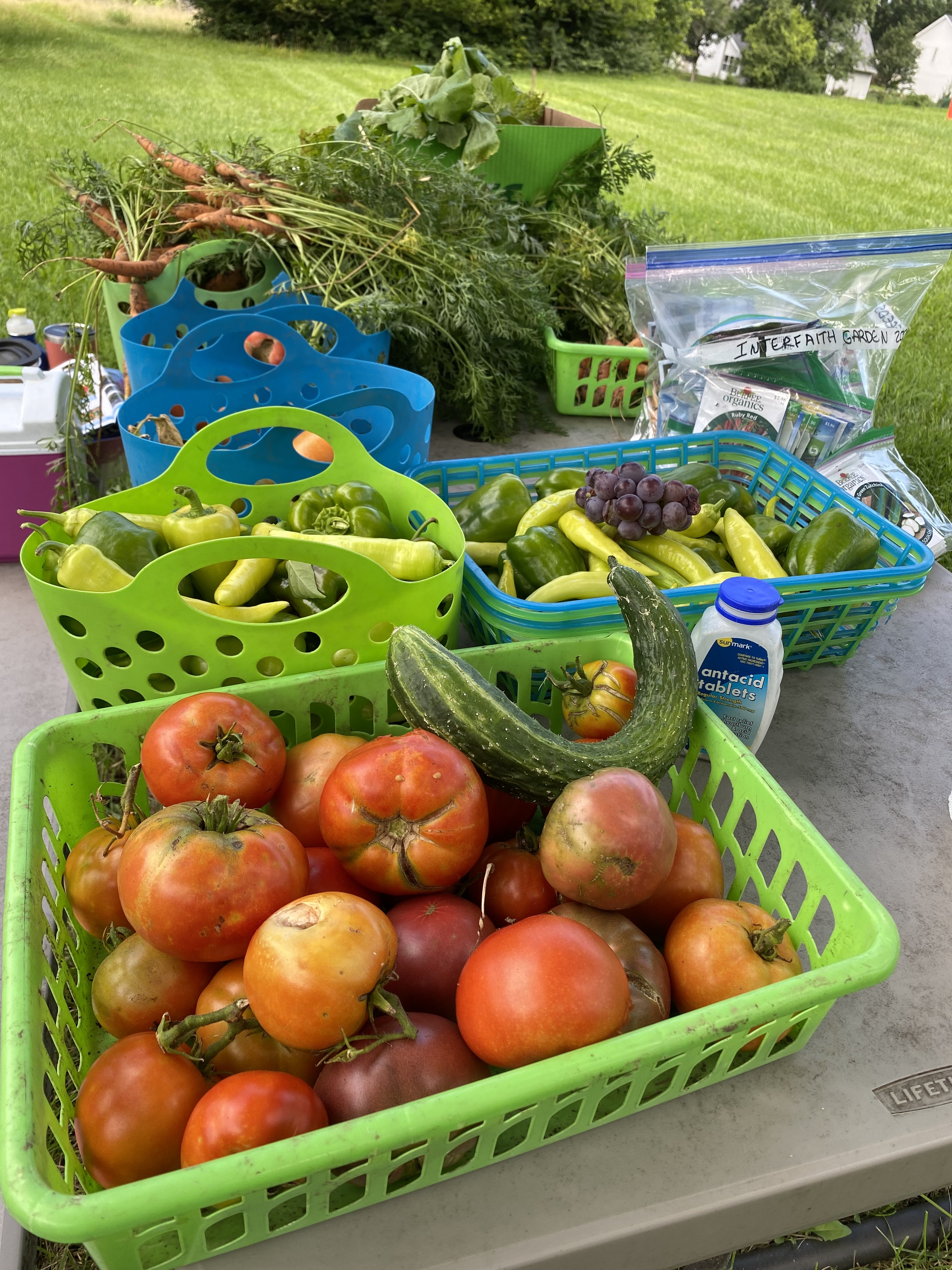 a table holds baskets of tomatoes, peppers, carrots and other vegetables and fruit